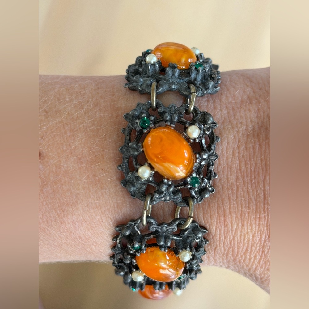 Extremely Rare Antique Orange Amber Silver Bracelet Seed Pearl w Green Jewelery